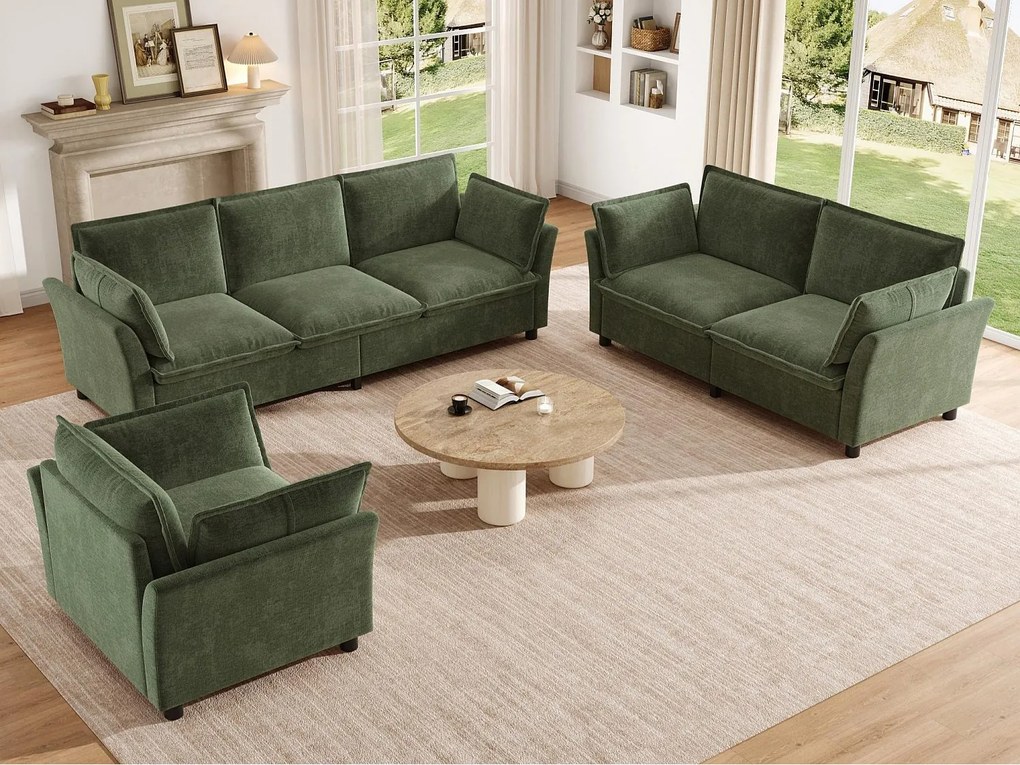 Modułowy zestaw sof 3+2+1 „efekt chmury” z tkaniny szenilowej, sofa 3-osobowa, 2-osobowa i fotel ergonomiczny, styl nowoczesny - zielony