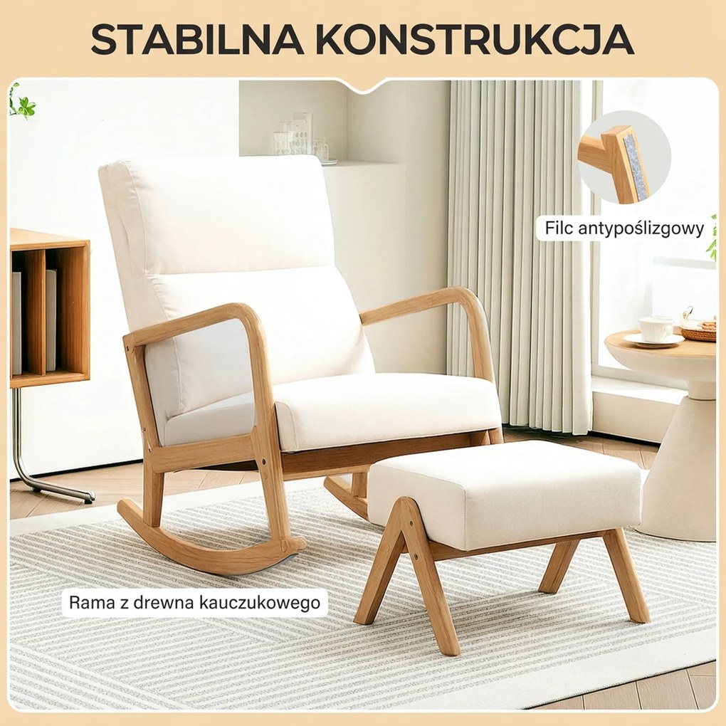 HOMCOM Fotel bujany z podnóżkiem, miękka tapicerka, wygląd lnu, drewniana rama, Kremowy