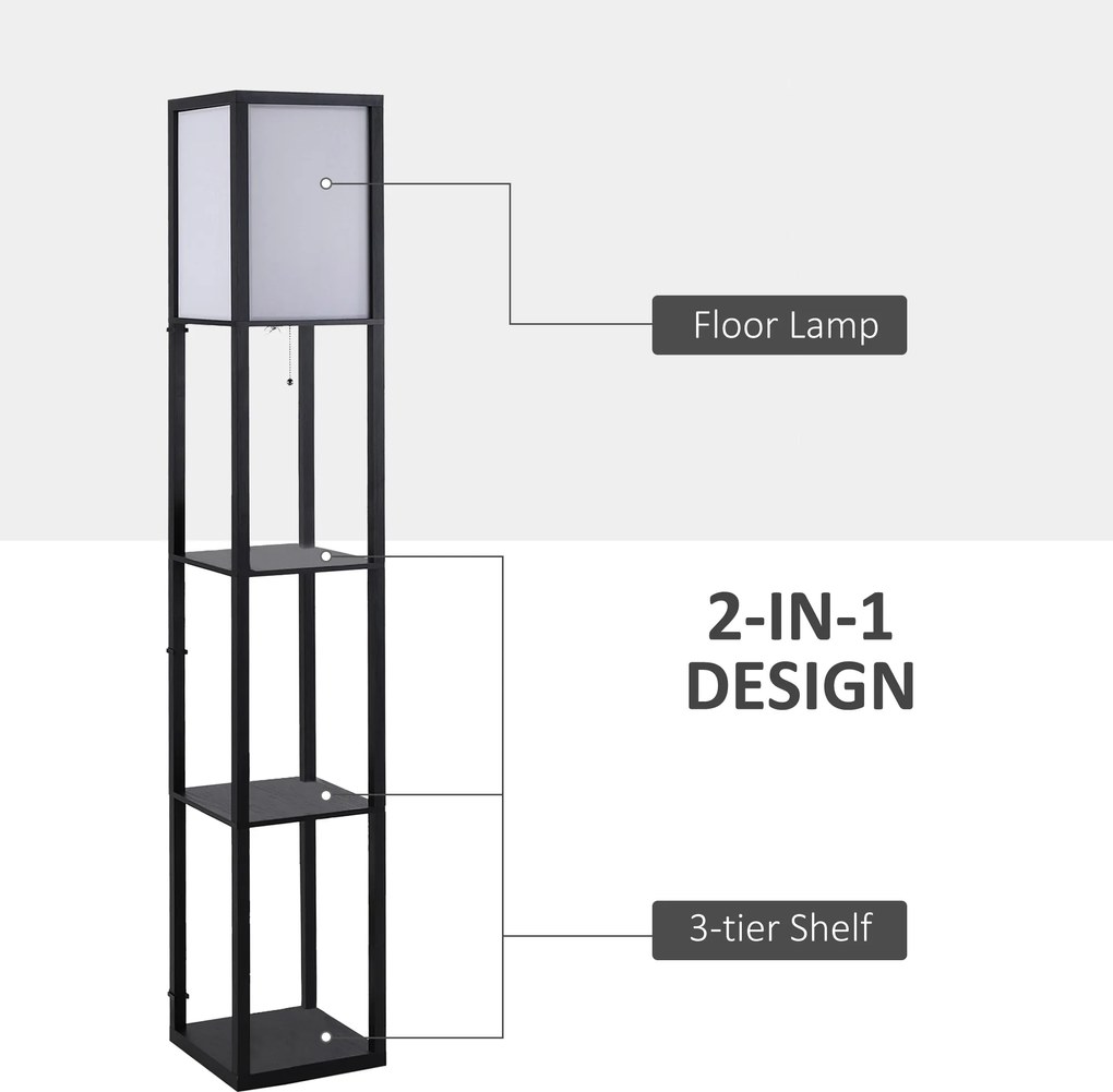 HOMCOM Lampa Stojąca z Półkami Oświetlenie Wewnętrzne E27 Drewno Czarne 26x26x160cm | Aosom PL