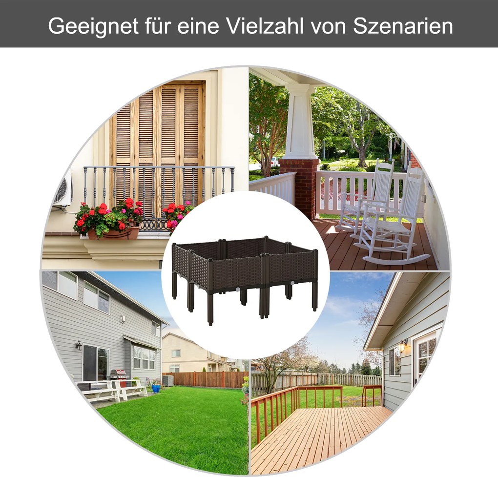 Outsunny podwyższona grządka 6-częściowa skrzynia na rośliny z otworami odpływowymi o wyglądzie rattanu kwietnik DIY kolor brązowy 40 x 40 x 44 cm