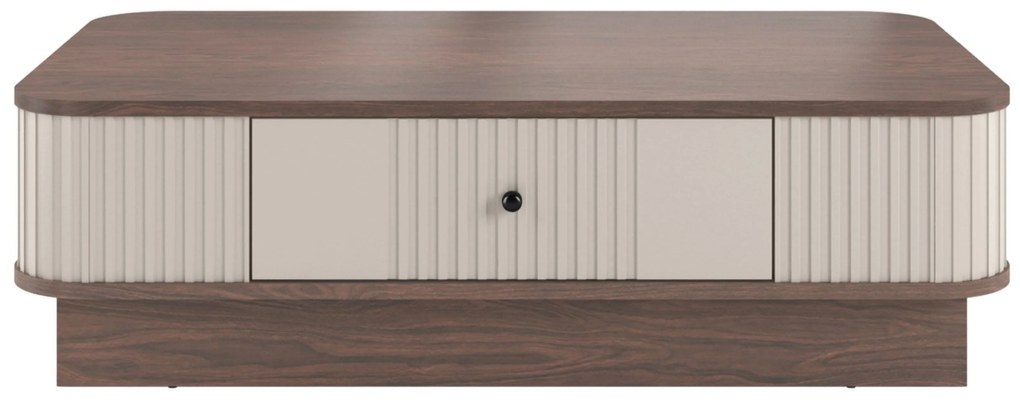 Stolik kawowy z szufladą Vesper 103x60 cm na cokole - kaszmir / orzech / czarny uchwyt