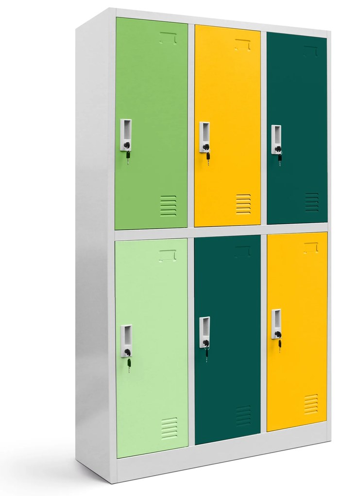 Szafka szkolna BHP szaro-wielokolorowa: 6-komorowa IGOREK, 900 x 1500 x 450 mm