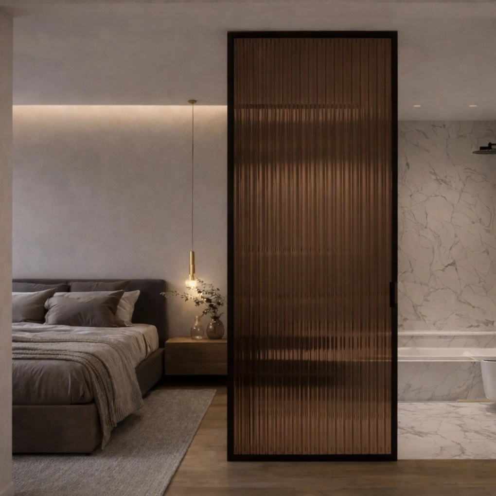 Ścianka prysznicowa ryflowana ARTE WELLE XXL w czarnej ramie Brown szkło brązowe ryflowane | Różne rozmiary : Kolor ramy - czarny, Rozmiar - 90 x 300 cm