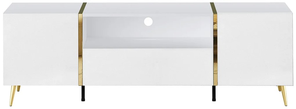 Szafka RTV 2-drzwiowa z 1 szufladą i 1 wnęką - Biały z połyskiem i Złoty - MARZIALO