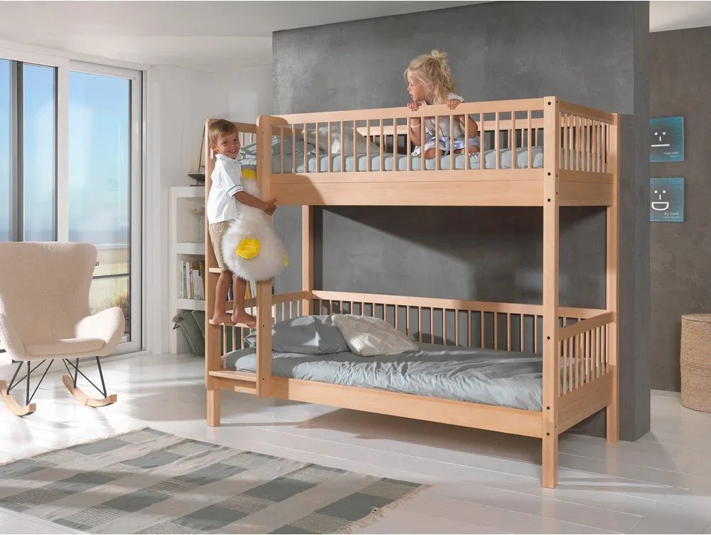 Piętrowe łóżko dziecięce z litego drewna bukowego ze stelażem 90x200 cm w naturalnym kolorze Forrest – Vipack