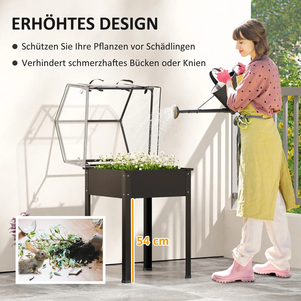 Outsunny Wysoki grządek z dachem szklarniowym, Podwyższona skrzynka na rośliny z otworami drenażowymi, 60 x 60 x 120 cm, Czarny
