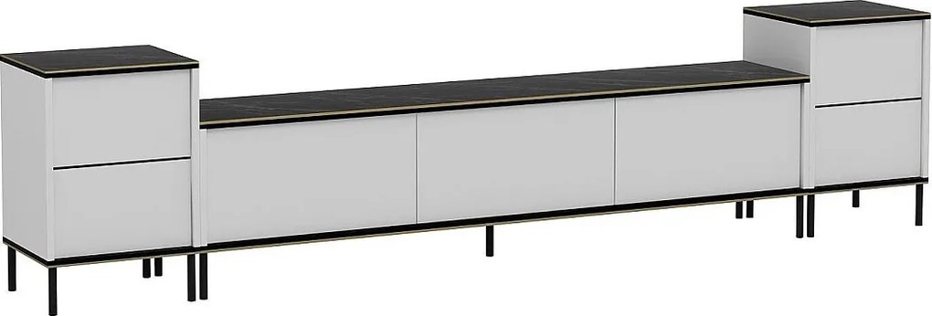 Elegancka szafka RTV z szafkami nocnymi – 260 cm x 60 cm x 35 cm – biała i czarna ze złotymi detalami – melamina