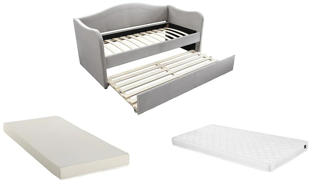 Łóżko dzienne wysuwane 2 x 90 x 190 cm - Welur - Jasnoszary + Materac - MATHILDE