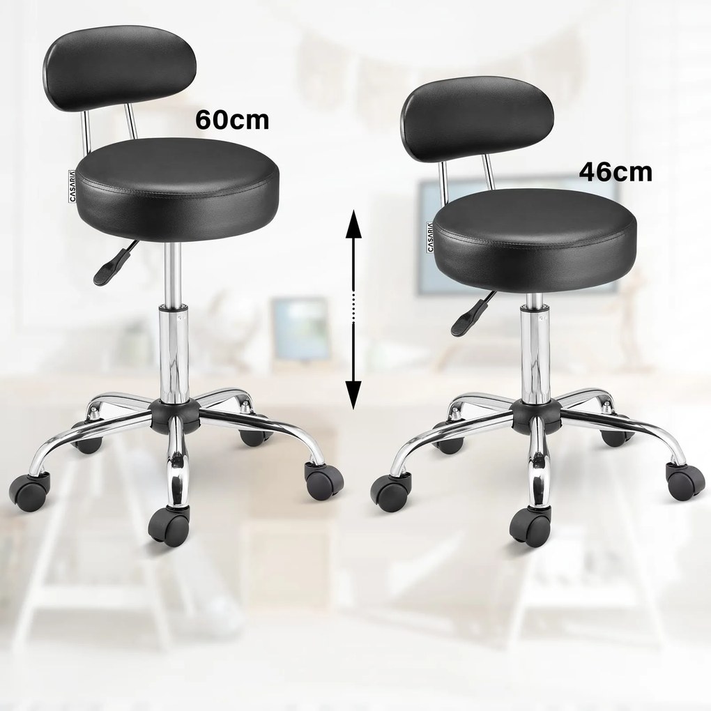 Taboretka na kółkach z oparciem ROLAND, Ø35cm, czarna Casaria