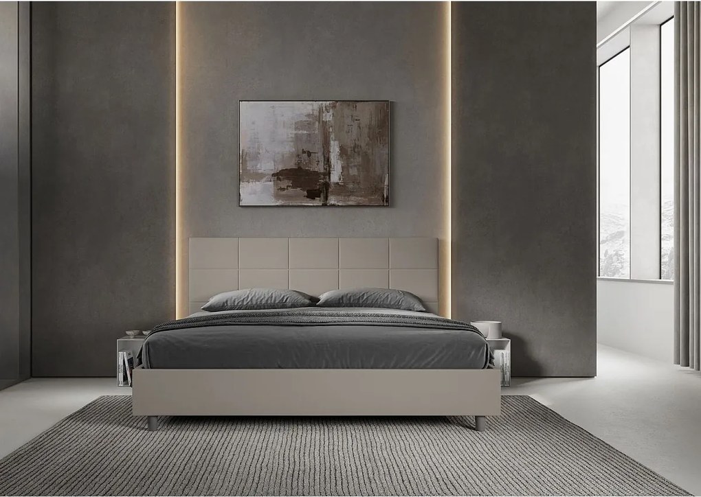 Łóżko bez stelaża tapicerowane 200x210 sztucznej skóry szaro-beżowy Mika