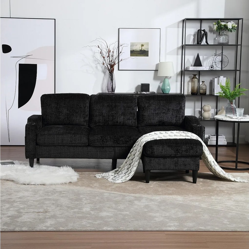 Czarna, 4-osobowa sofa modułowa Chenille z pufem ze schowkiem, uchwytami na kubki i kieszeniami bocznymi – do salonu