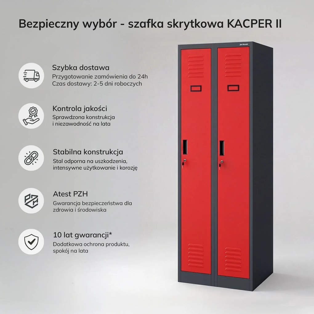 Szafka pracownicza dwukomorowa antracytowo-czerwona, 600x1800x500 mm: KACPER II