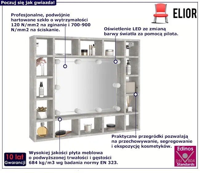 Toaletka z oświetleniem i przegródkami beton F5-N12