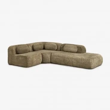 Sofa Modułowy Narożny 3-częściowy Z Prawym Szezlongiem Z Weluru Merida, Pakowany Próżniowo Szenila Gruba Szałwiowa Zieleń - Sklum