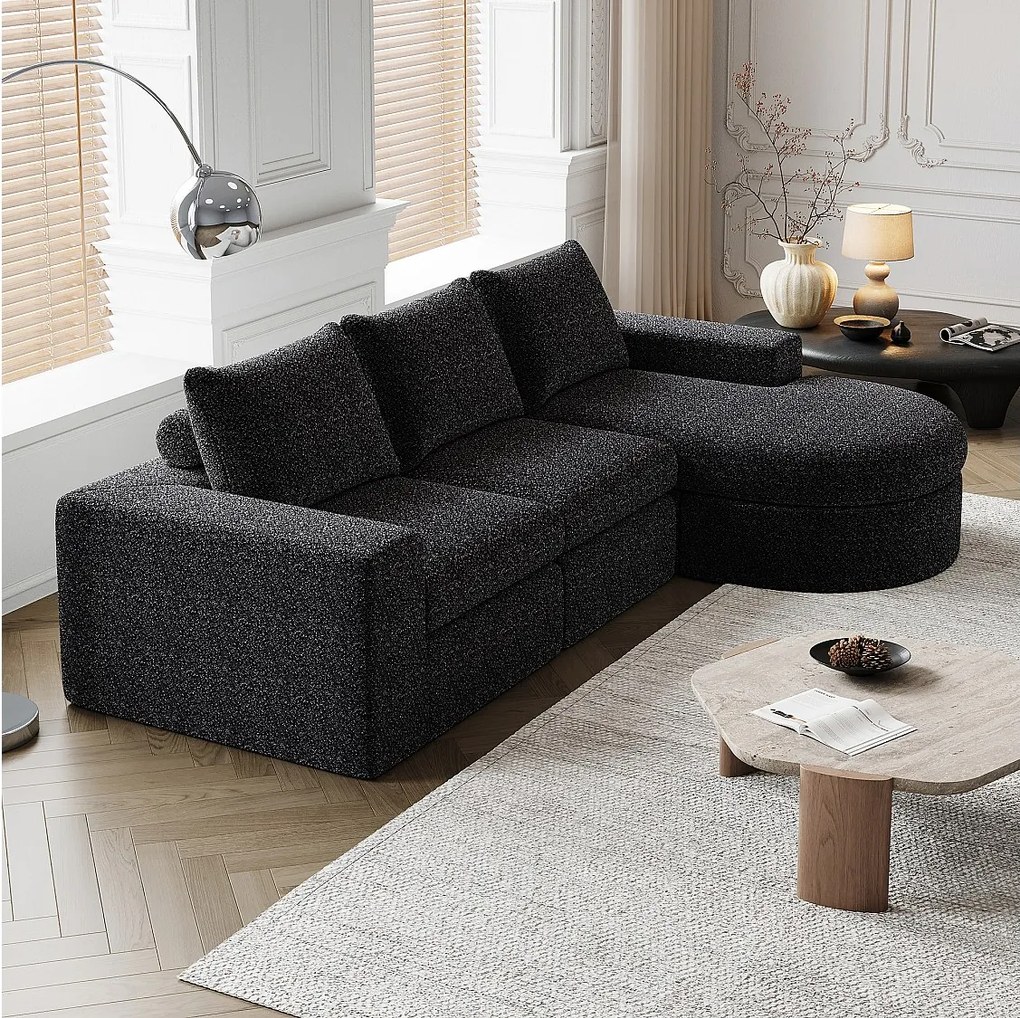 Czarna sofa narożna - Sofa 3-osobowa z 3 poduszkami i 2 zagłówkami - szenil