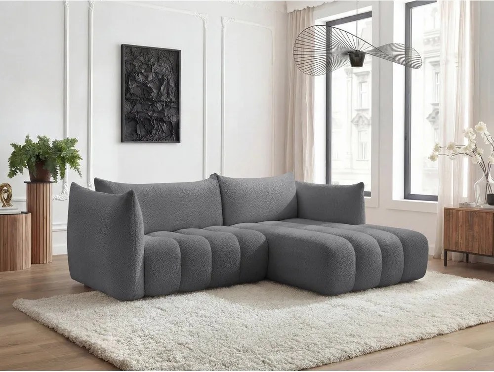 Szary narożnik z materiału bouclé (prawostronny/z szezlongiem) Azra – Bobochic Paris