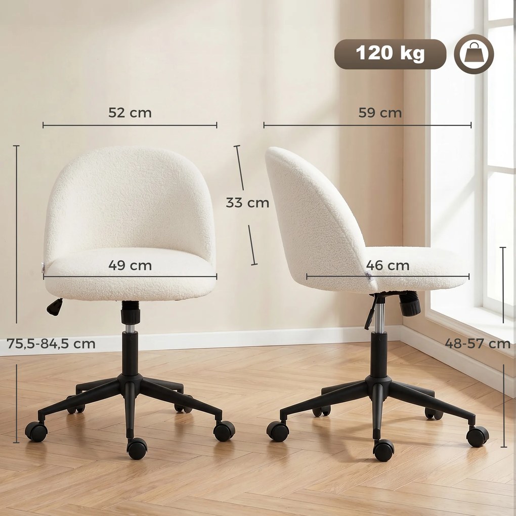 HOMCOM Obrotowy fotel biurowy z teddy-fleece, regulowany, na kółkach, pianka komfortowa, kremowy | Aosom PL