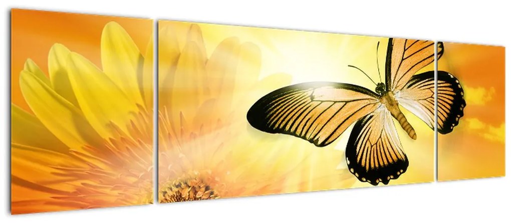 Obraz - Żółty motyl z kwiatkiem (170x50 cm)