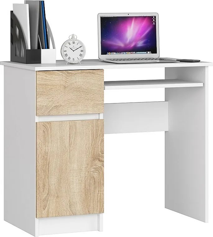 Biurko komputerowe AKORD PIKSEL Białe 90 cm lewe 1 drzwi 1 szuflada kolor Dąb Sonoma mat 3 półki 90x50x77 cm