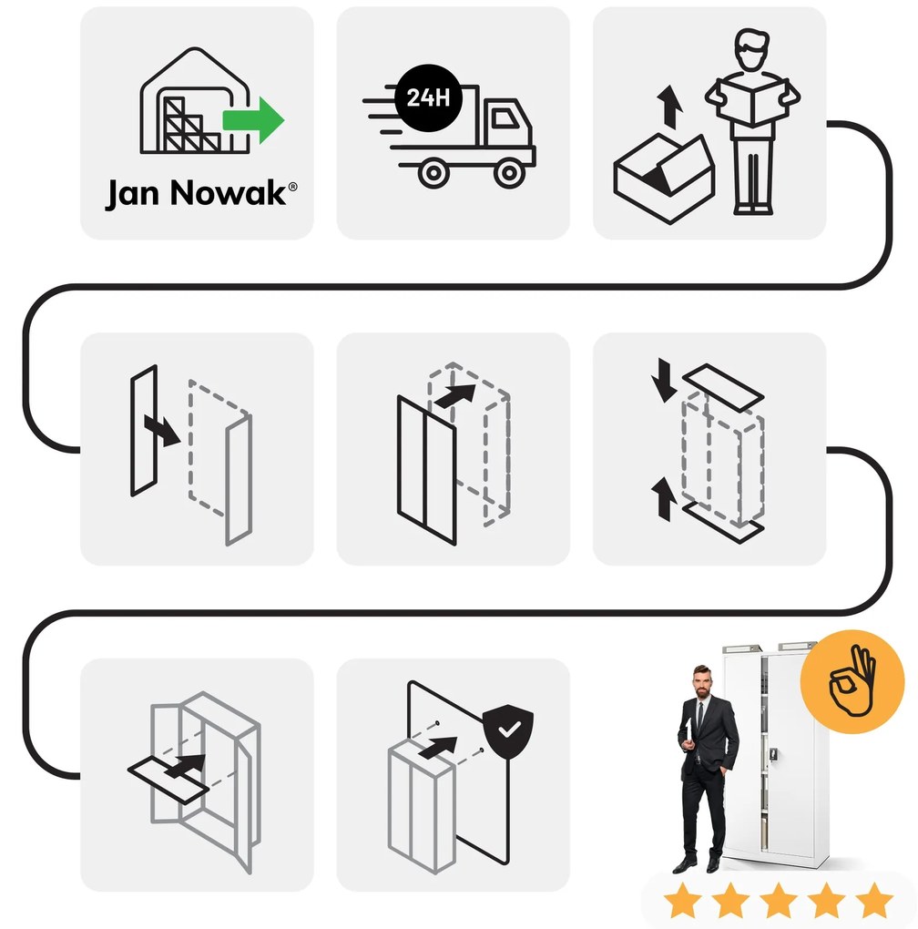 Biurowa szafa metalowa na akta JAN, 900 x 1850 x 400 mm szara