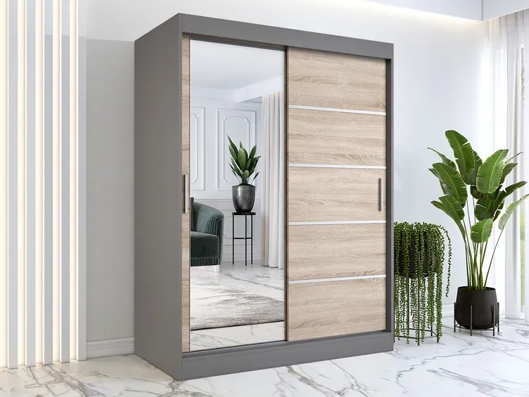 Szafa przesuwna antracyt + dąb sonoma 150 cm - Ebia 4X