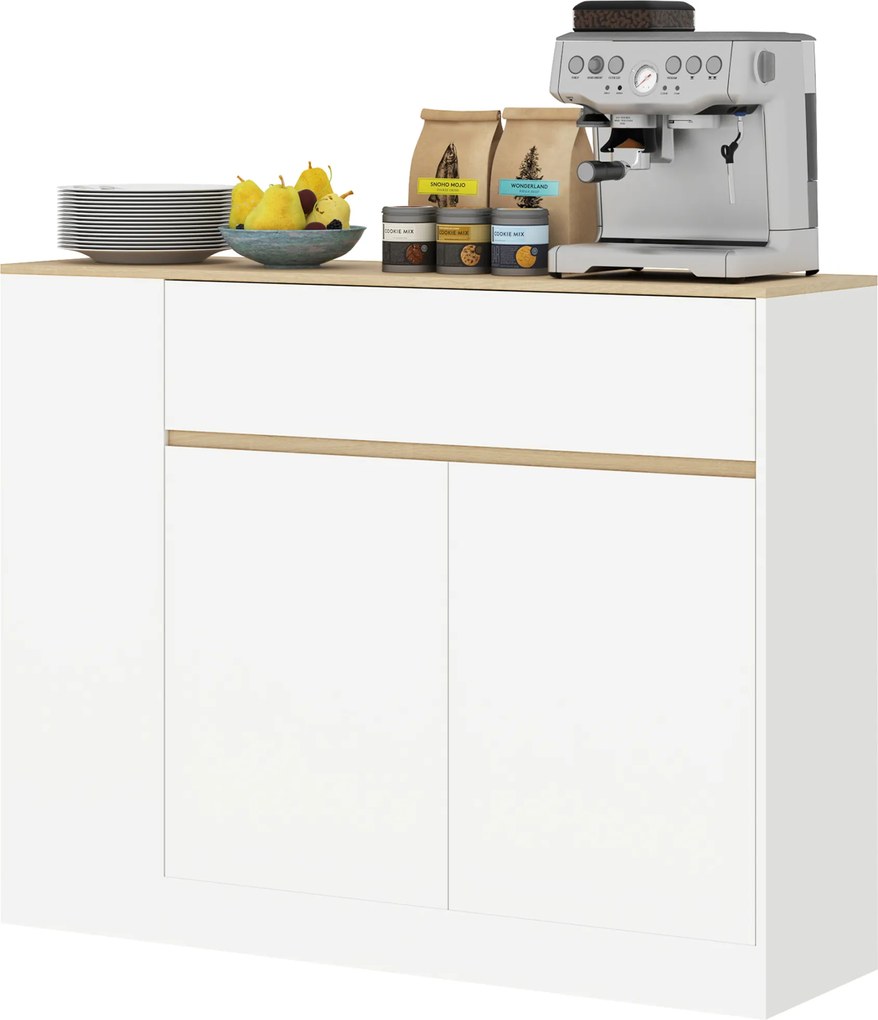 HOMCOM Sideboard z dużą szafką, 3 półkami, szufladą, 105 x 30 x 81,5cm, Biały/Drewno