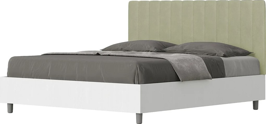 Łóżko wyposażone w stelaż z listwami z pojemnikiem 160x190 konstrukcja Frassino biała zagłówek microfibra Zielony Kaia