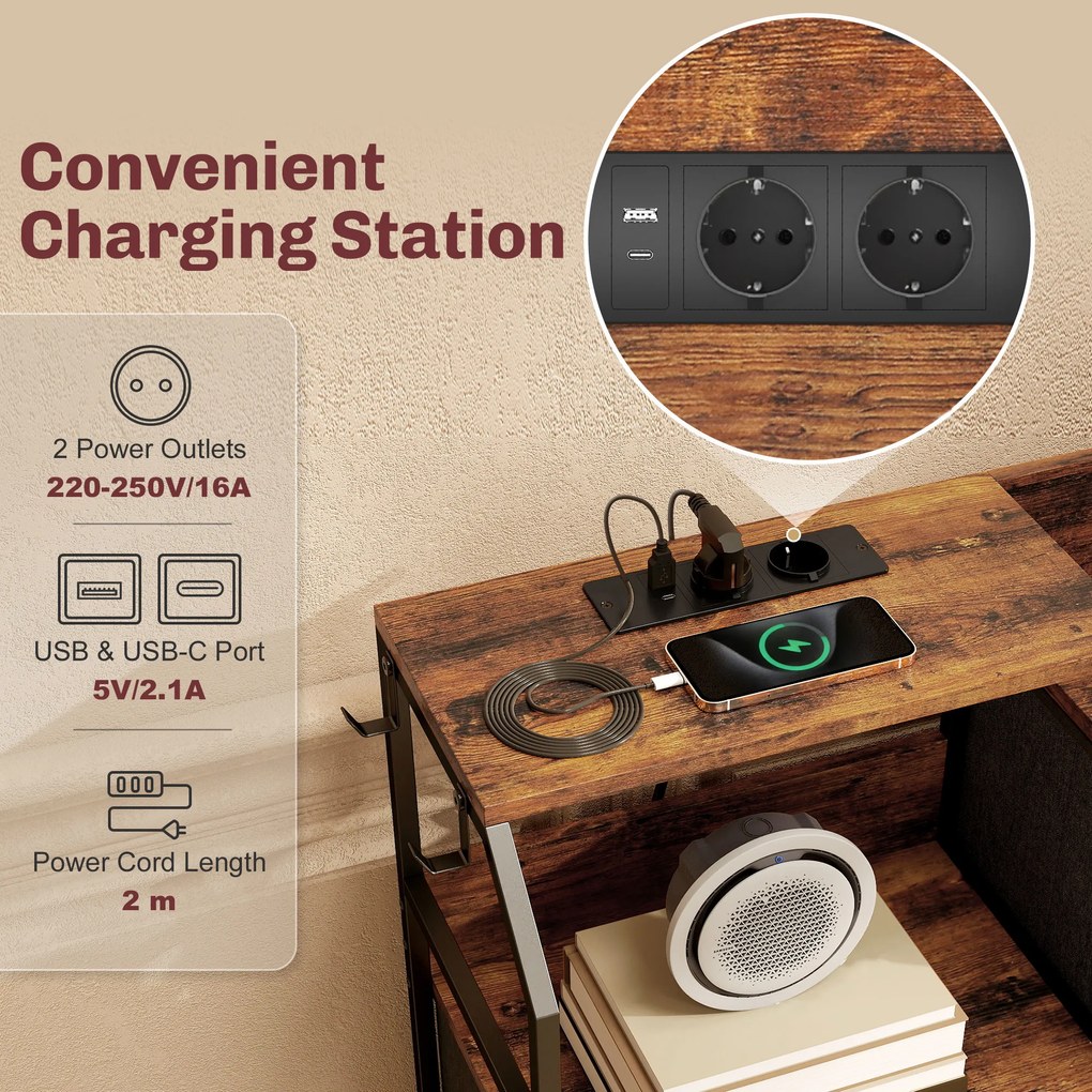 HOMCOM Komoda z 8 materiałowymi szufladami, stalowy stelaż, stacja ładowania, Rustykalny-Brąz+Czarny | Aosom PL