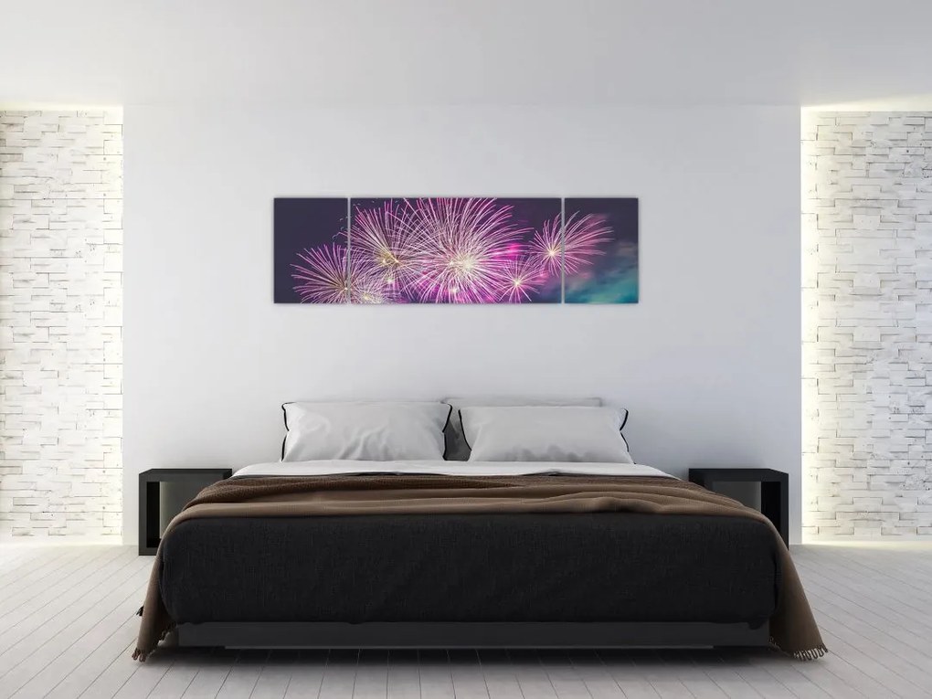 Obraz nocnego miasta z fajerwerkami (170x50 cm)