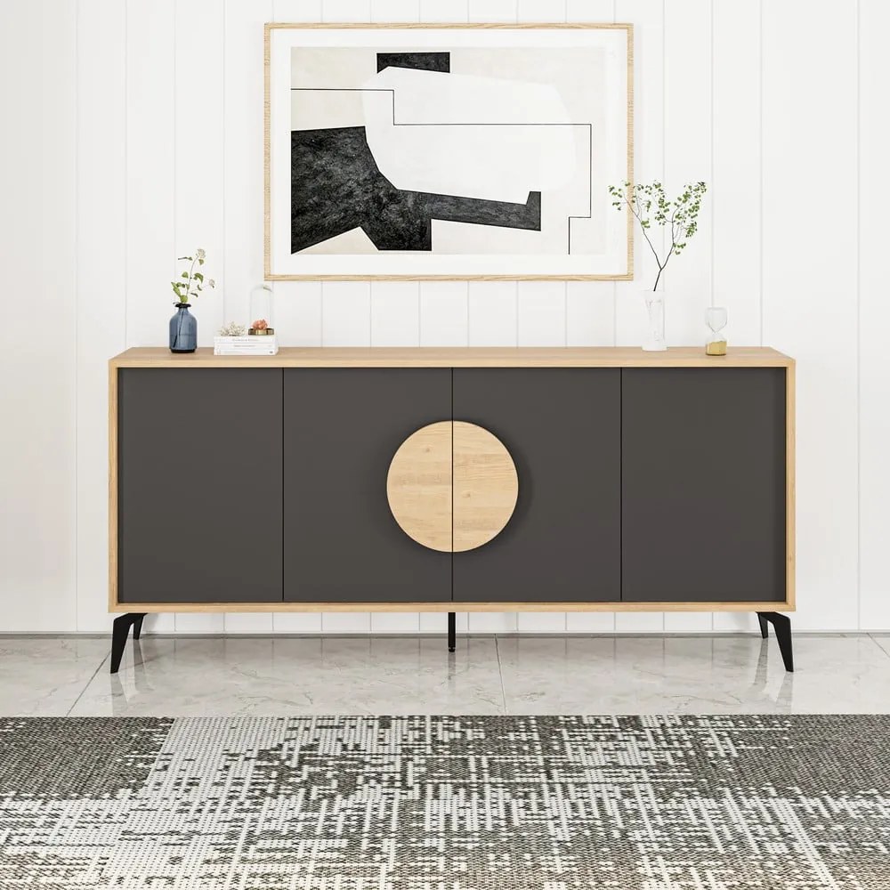 Czarna niska komoda w dekorze dębu 180x82 cm Vae – Marckeric