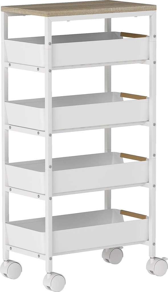 HOMCOM 5-poziomowy wózek kuchenny, drewnopodobny, mobilny, metalowa rama, 4 szuflady, Biały