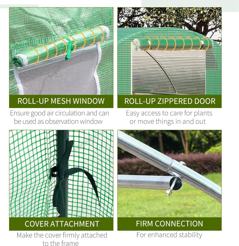 Outsunny Szklarnia Foliowa Duży Tunel Foliowy z 4 Oknami Ochrona przed Mrozem Stalowa Rama 3x3m Ciemnozielony | Aosom PL