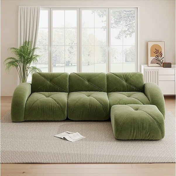 Canapé 3 places d'angle modulable en tissu chenille, avec pouf, 281x171x76cm, Vert
