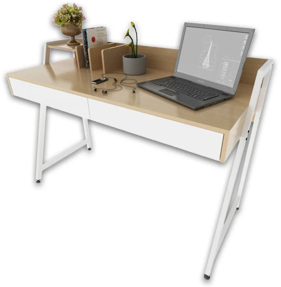 Nowoczesne biurko w stylu loft, 124 cm, z szufladami – jasny dąb