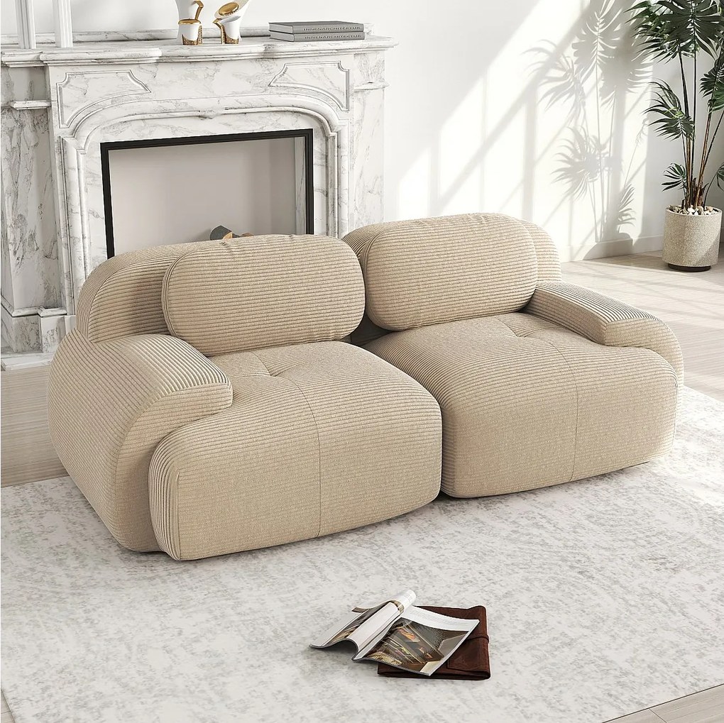 Sofa 2-osobowa z zakrzywionymi podłokietnikami i tapicerowanym oparciem, beżowy sztruks