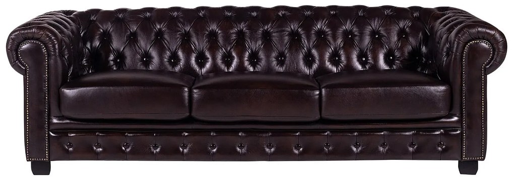 Kanapa 4-osobowa BRENTON w stylu chesterfield ze 100% bawolej skóry – kolor brązowy z kasztanowymi refleksami