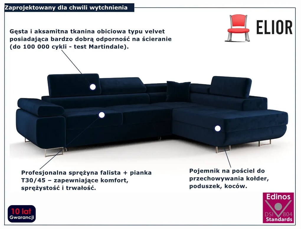 Granatowy narożnik welurowy z funkcją spania L8-P70