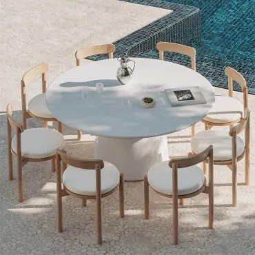Zestaw Okrągłego Stołu Ø150 Cm Z Cementu Numira I 8 Krzeseł Ogrodowych Z Drewna Akacjowego Nualis Jasna Biel - Sklum