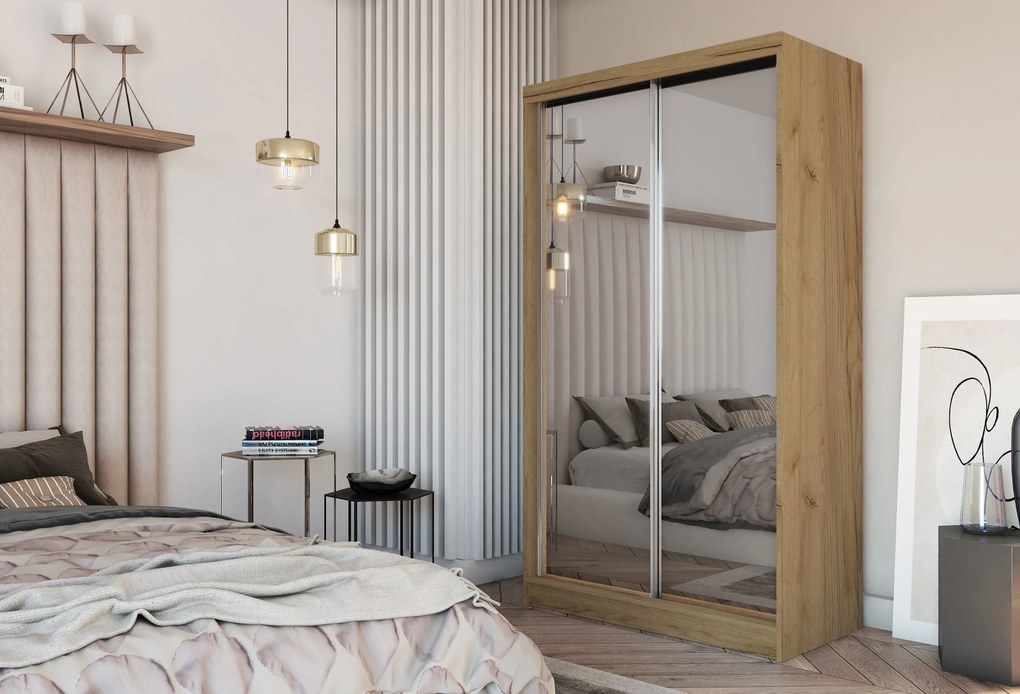 Szafa Przesuwna BELLINA 120 cm z Lustrem Szafa Dwudrzwiowa Dąb artisan