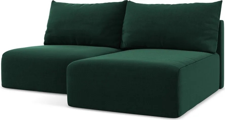 Ciemnozielony aksamitny rozkładany narożnik ze schowkiem (prawostronny/z szezlongiem) Kalena – Makamii