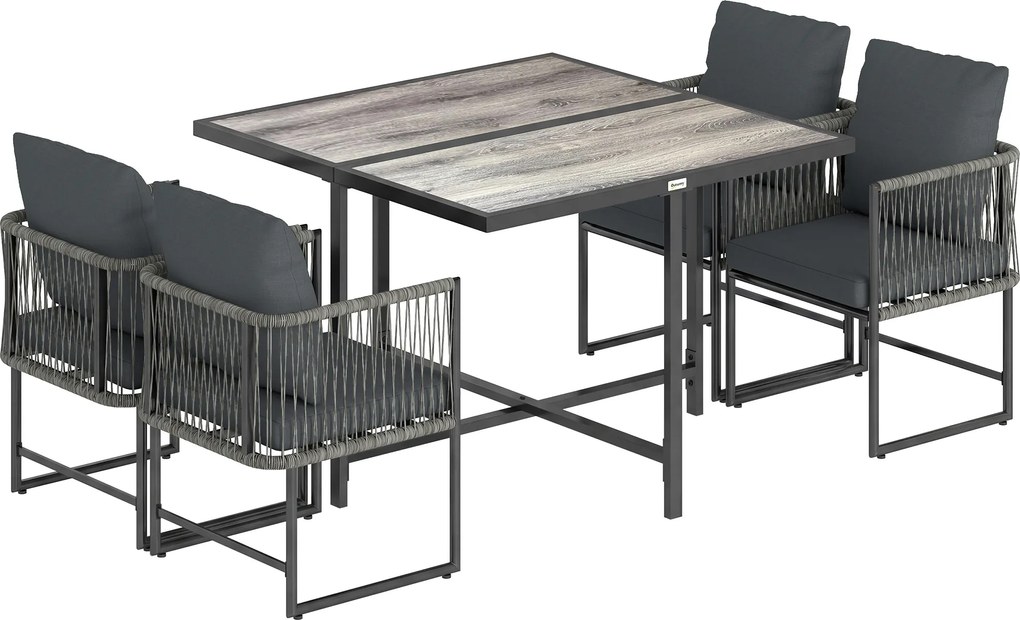 Outsunny Polirattanowy Zestaw Mebli Ogrodowych 5-częściowy, Oszczędzający Miejsce, Stół z 4 Krzesłami, Blat DPC, Poduszki, Szary | Aosom PL