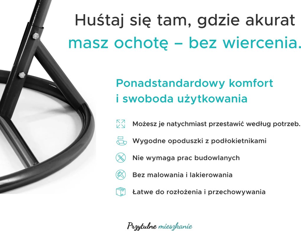 Fotel wiszący czarny KOKON bez stojaka, poduszka biało-szara
