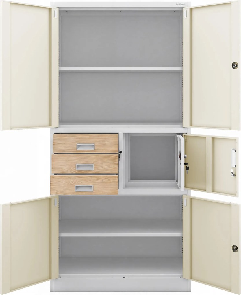 Biurowa szafa metalowa z sejfem biała / dąb sonoma: Eco Design FILIP II, 900 x 1850 x 400 mm