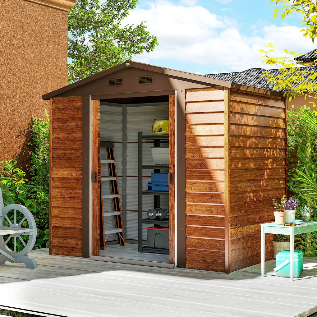 Outsunny Szopa Ogrodowa, Szopa na Narzędzia, Domek Ogrodowy z Oknami, Odporna na Warunki Atmosferyczne, Wygląd Drewna, Stal, 152 x 235,7 x 208,7 cm, Brązowa