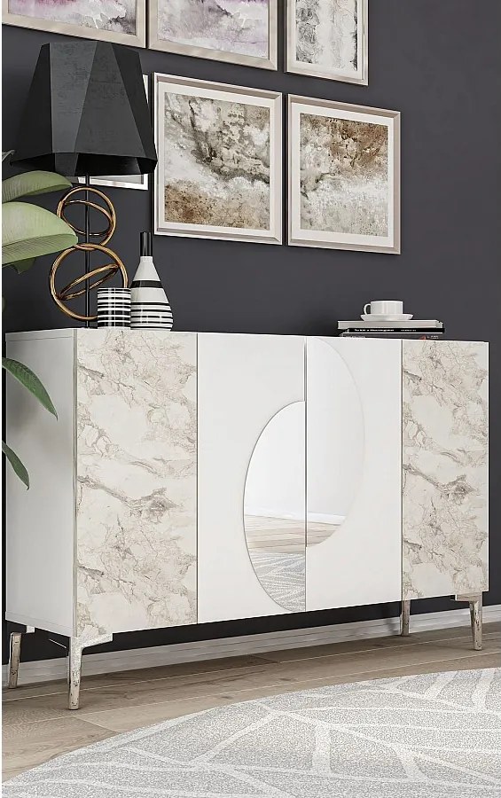 Komoda MDF – 120 cm – biała, marmur Efez, srebrna