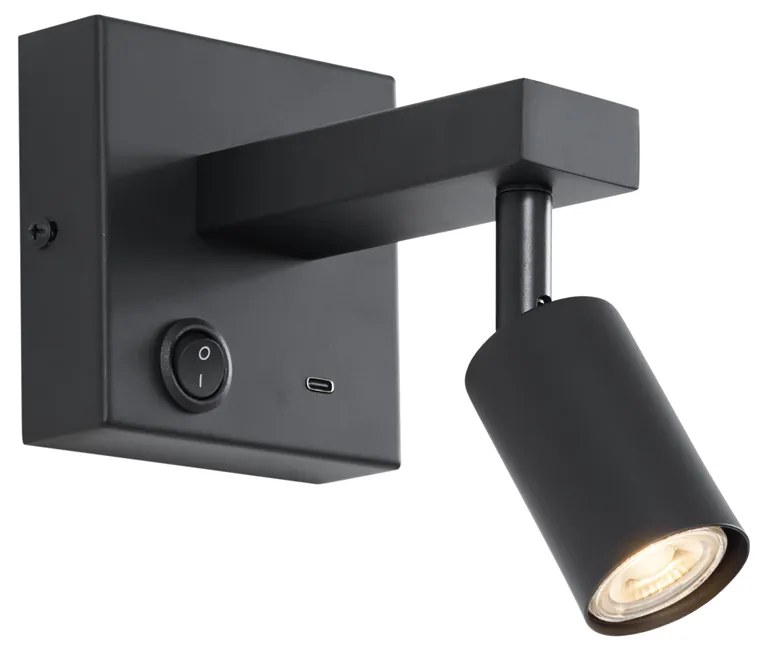 Nowoczesny czarny Kinkiet / Lampa scienna z USB-C z możliwością regulacji nachylenia - Rex Nowoczesny Oswietlenie wewnetrzne