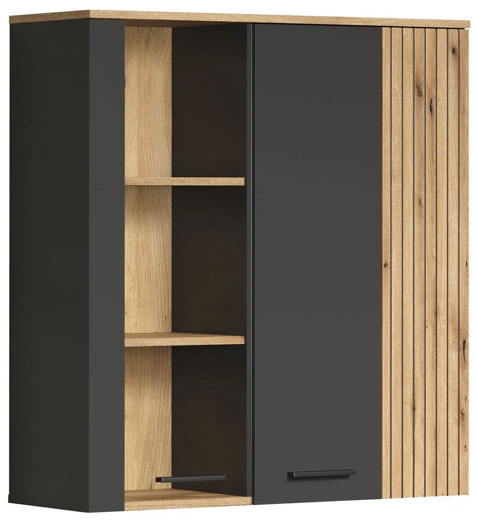 Witryna wisząca do salonu z lamelami grafit + dąb evok E2-G51