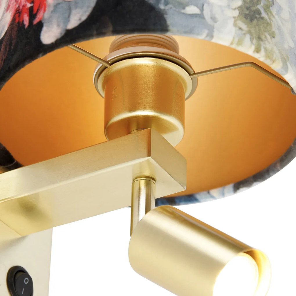 Lampa ścienna mosiężna z lampką do czytania i kloszem 18 cm kwiaty - Brescia Nowoczesny Oswietlenie wewnetrzne