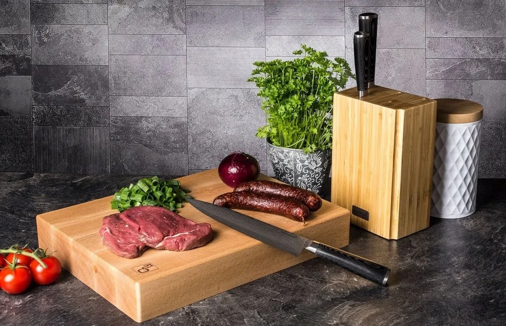 Zestaw noży G21 Damascus Premium w bambusowym bloku, pudełko, 3 szt. + kamień do ostrzenia