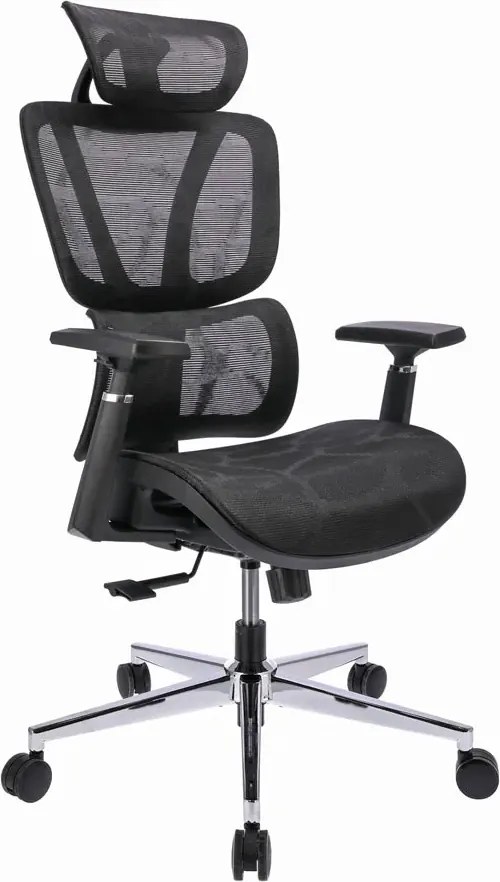 Czarny ergonomiczny fotel biurowy z zagłówkiem i podłokietnikami M3-F86